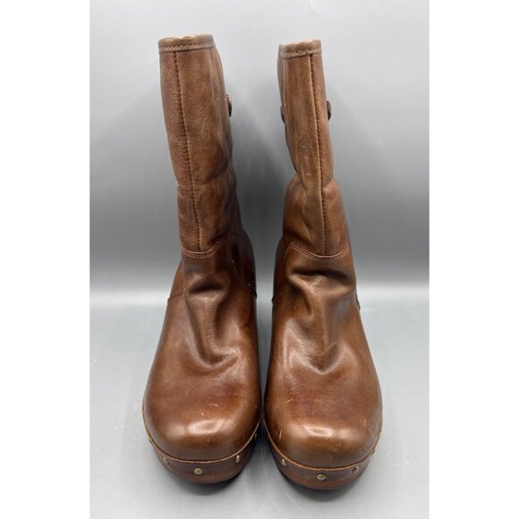 UGG Womens Boots 7 Lynnea Brown Leather Mid Calf Heeled Clog Boots - Picture 2 of 10